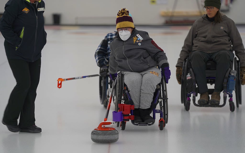 Ability360 participants learn the basics of wheelchair curling during a six-week clinic at the Coyotes Curling Club in Tempe. (Photo courtesy of Karam Gafsi/Ability360)