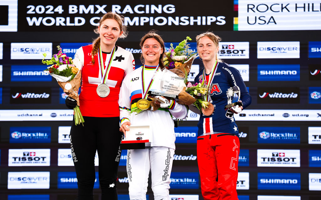 Daleney Vaughn, right, along with Zoe Claessens of Switzerland. left, and Alise Willoughby of the U.S., took the podium after the Women's Elite UCI BMX Racing World Championships in May in Rock Hill, SC. (Photo by David Jensen/Icon Sportswire via Getty Images)