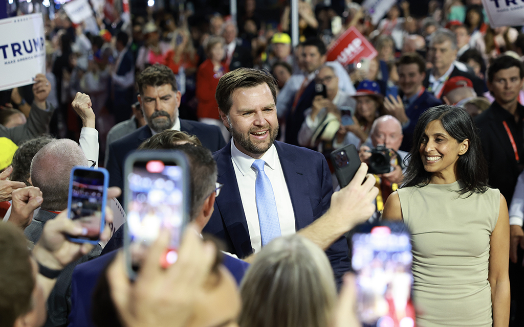 Republican presidential candidate Donald Trump’s pick for vice president, U.S. Sen. J.D. Vance of Ohio and his wife, Usha Chilukuri Vance, arrive on the first day of the Republican National Convention at the Fiserv Forum on July 15, 2024 in Milwaukee, Wisconsin. (Photo by Joe Raedle/Getty Images)