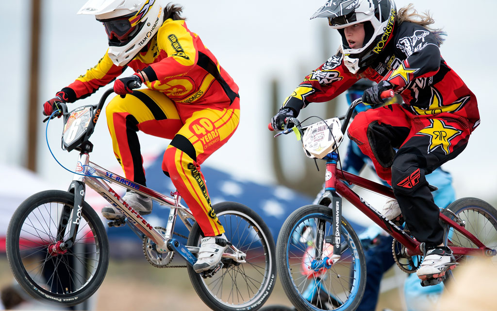 Daleny Vaughn, right, competing at Black Mountain BMX in Phoenix as a teenager, had a passion for the sport at a young age. (Photo by Carlos Herrera/Icon Sportswire via Getty Images)