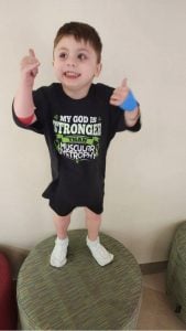 Jace Taylor, 4, proudly throws up a thumbs-up after receiving gene therapy treatment in Phoenix Children’s Hospital. (Photo courtesy of Brittany Taylor)