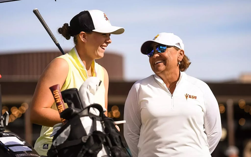ASU women's golf coach Missy Farr-Kaye, right, stands proud as five of her former Sun Devils—Linn Grant, Alexandra Forsterling, Carlota Ciganda, Azahara Munoz and Alessandra Fanali—compete in the Paris Olympics. (Photo courtesy of Sun Devil Athletics)