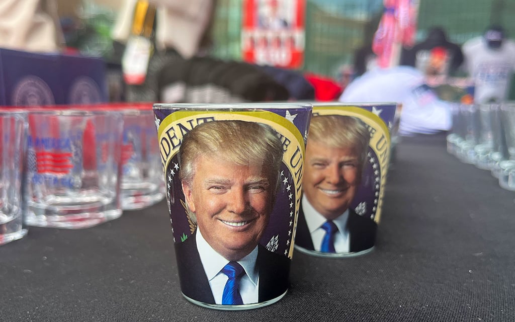 Shot glasses shaped like Donald Trump for sale by Anthony Montgomery at the RNC (Republican National Convention) on July 16 in Milwaukee, Wisconsin. (Photo by Amaia J. Gavica/Cronkite News)