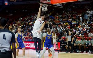 Miami Heat guard Pelle Larsson (9) goes up for the shot at the NBA 2K25 Summer League in Las Vegas. (Photo by Shirell Washington/Cronkite News)