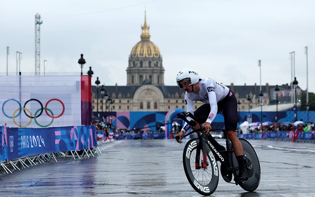 Phoenix cyclist Brandon McNulty rides near the Hotel des Invalides during the men's individual time trial in the Paris Olympics. McNulty finished fifth and will compete again Saturday in the road race. (Photo by Tim de Waele/Getty Images)