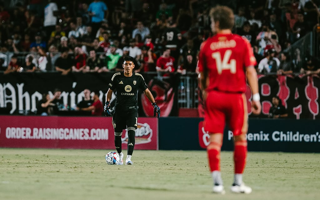 Phoenix Rising goalkeeper Rocco Ríos Novo maintains his sixth clean sheet of the season to keep El Paso Locomotive FC at bay during their 2-0 victory. (Photo courtesy of Phoenix Rising)