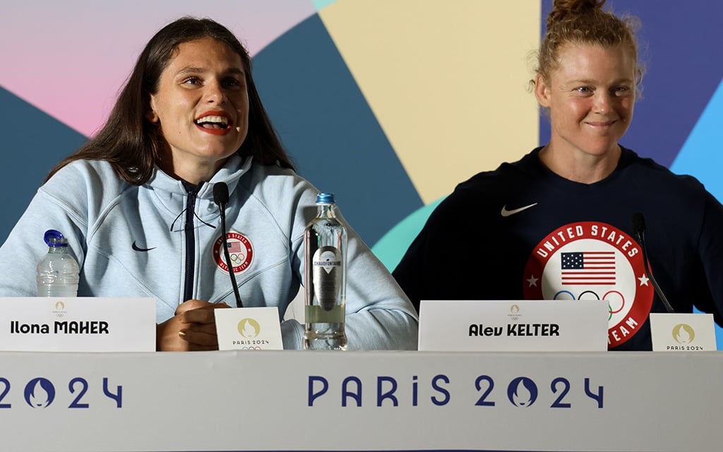 USA women's rugby player Ilona Maher, left, alongside teammate Alev Kelter at a press conference in Paris. (Photo by Alexis Heichmann/Special for Cronkite News)