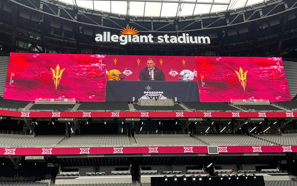 Las Vegas’ Allegiant Stadium was transformed into a press setting for Big 12 Football Media Day. Players and coaches, including Arizona State’s Kenny Dillingham, addressed questions about the new-look conference. (Photo courtesy of PHNX)