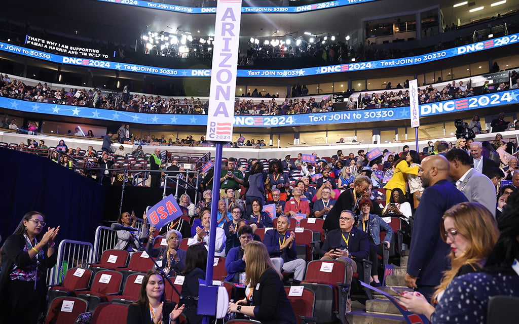 Arizona Democratic delegates on the floor of the United Center in Chicago on Day 1 of the 2024 Democratic National Convention, Aug. 19, 2024. (Photo by Kelechukwu Iruoma/Cronkite News)