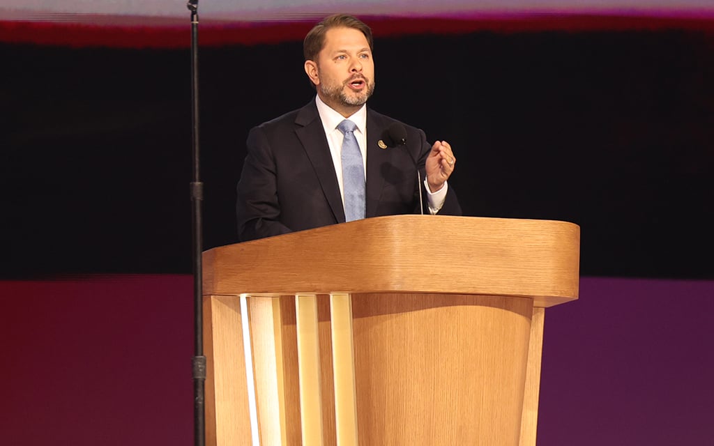 Rep. Ruben Gallego of Phoenix, the Democratic nominee for a U.S. Senate seat in Arizona, speaks to the Democratic National Convention in Chicago on Aug. 22, 2024. (Photo by Kelechukwu Iruoma/Cronkite News)