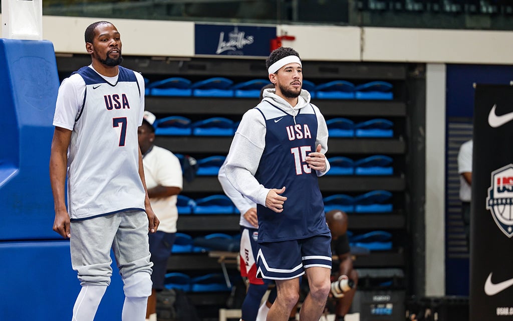 Phoenix Suns stars Kevin Durant, left, and Devin Booker have had to adjust to different roles while representing Team USA in the Paris Olympics. (Photo by Spencer Barnes/Special for Cronkite News)