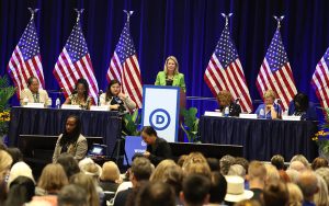 AFL-CIO President Elizabeth Shuler, at a women's caucus meeting during the Democratic National Convention in Chicago on Aug. 20, 2024, said it’s time to elect a woman as president. (Photo by Kelechukwu Iruoma/Cronkite News)