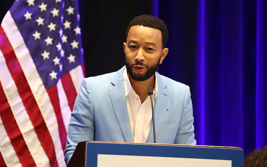 John Legend, a singer and songwriter, addresses the Black caucus meeting at the Democratic National Convention in Chicago on Aug. 21, 2024. (Photo by Kelechukwu Iruoma/Cronkite News)