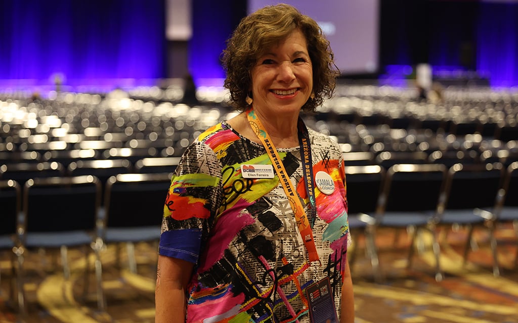 Arizona Democratic delegate Ellen Ferreira, president of the Democrats of the Red Rocks, at a women's caucus meeting during the Democratic National Convention in Chicago on Aug. 20, 2024. (Photo by Kelechukwu Iruoma/Cronkite News)