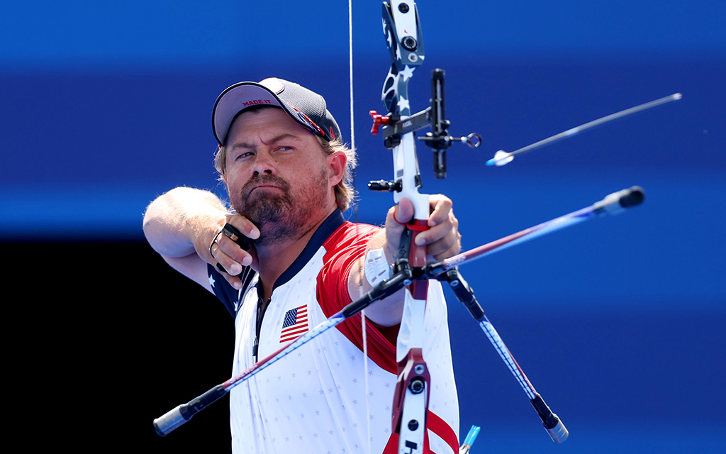 Brady Ellison of Team USA competes during the men's individual gold medal match against Woojin Kim of Team Republic of Korea during the Paris Olympics. Ellison, one of the most dominating athletes in the sport, came away with a silver medal. (Photo by Alex Pantling/Getty Images)