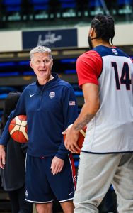 Team USA head coach Steve Kerr shares a laugh with Lakers center Anthony Davis at practice. (Photo by Spencer Barnes/Special for Cronkite News)