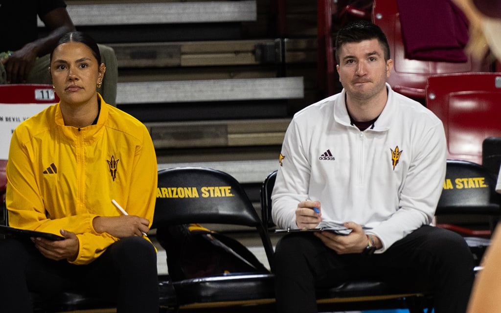 Shaughn McDonald in athletic wear, seated on a bench with "ARIZONA STATE" on the chair backs.