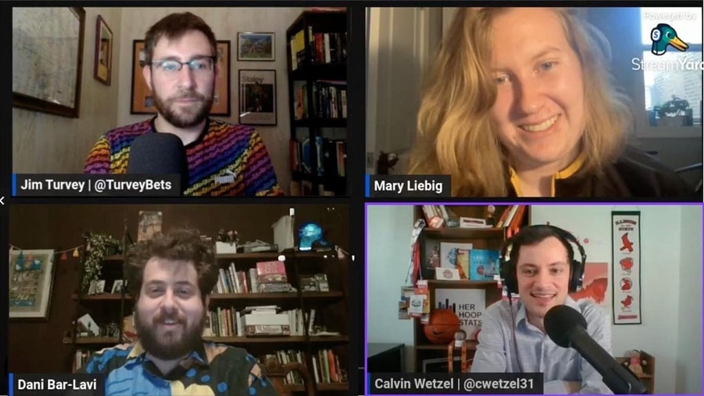 Four people participate in an online video conference in separate split-screen frames during a sports betting podcast called 