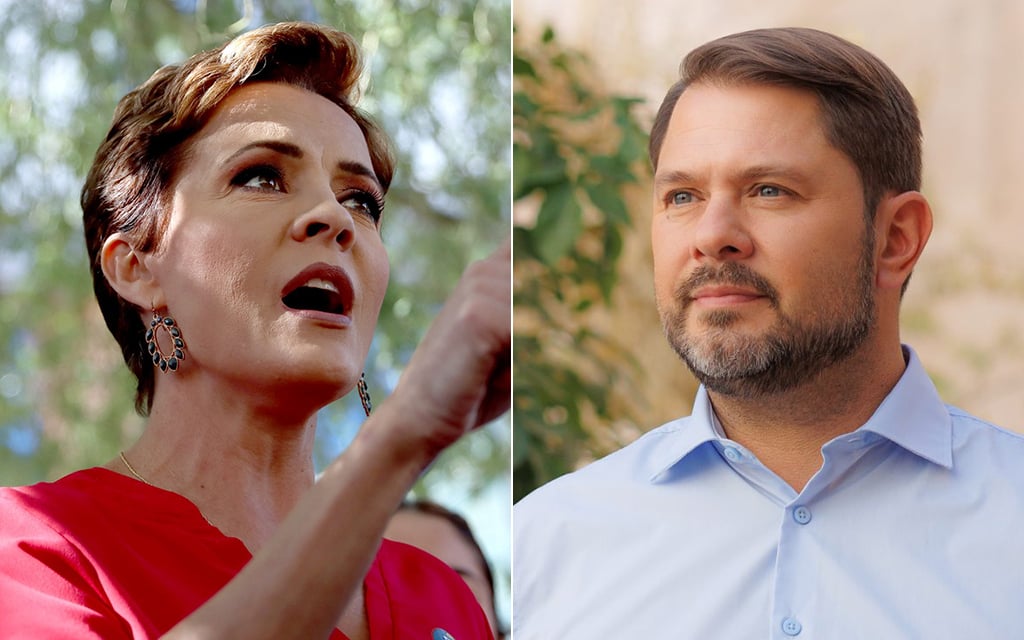 Kari Lake in a red top speaking, and Ruben Gallego in a light blue shirt looking thoughtful.