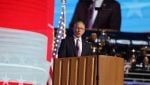 Mesa Mayor John Giles, co-chair of the Arizona chapter of Republicans for Harris, addresses the Democratic National Convention at the United Center in Chicago on Aug. 20, 2024. (Photo by Kelechukwu Iruoma/Cronkite News)