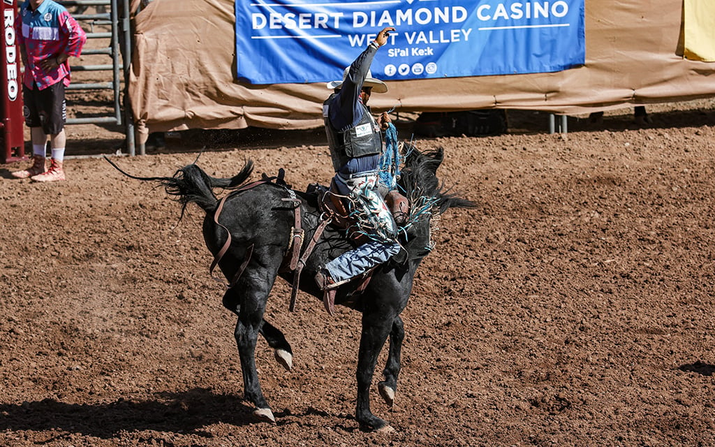 Montana Barlow competes in saddle bronc riding at the Arizona State Fair Native American Rodeo on Oct. 4, 2024, in Phoenix. (Photo by Spencer Barnes/Cronkite News)