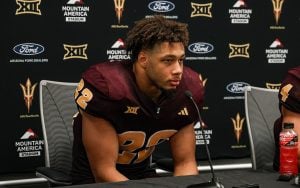 ASU linebacker Caleb McCullough getting interviewed after playing against Utah