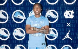 Trayanna Crisp poses in a University of North Carolina jersey.