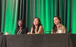 Dr. Christine Ekenga, Dr. Iona C. Cheng and Dr. Leticia M. Nogueira sitting at a panel table in front of green curtains at the 17th Annual AACR Conference.