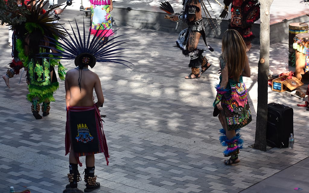 Grupo Coatlicue performs in the Arizona Center at the Indigenous Peoples' Day Phoenix Fest in downtown Phoenix on Oct. 14, 2024. (Photo by Danielle Baker)