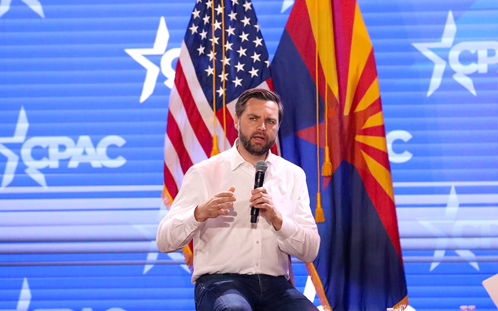 Sen. JD Vance took to the stage to speak on Oct. 9, 2024, in Mesa. (Photo by Brianna Chappie/Cronkite News)