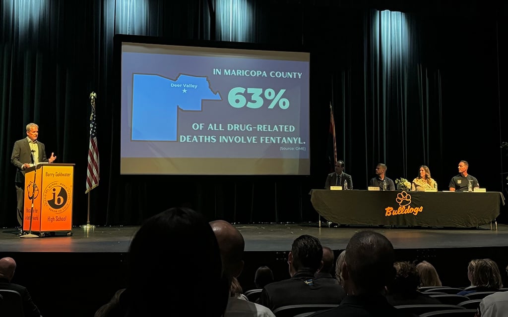 In Maricopa County, 63% of all drug-related deaths involve fentanyl, Maricopa County Supervisor Clint Hickman, left, said at the Fighting Fentanyl Together: Community Forum on Sept. 12, 2024. (Photo by Sienna Monea/Cronkite News)