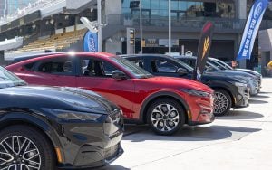 The new Ford Mustang Mach-E electric cars at Mountain America Stadium.