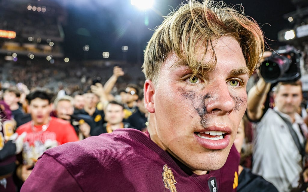 A close up of quarterback Sam Leavitt after Arizona State's win against Utah.