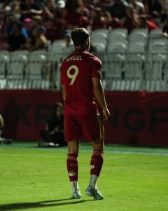 Phoenix Rising forward Tomas Ángel looks towards the stands during a match.