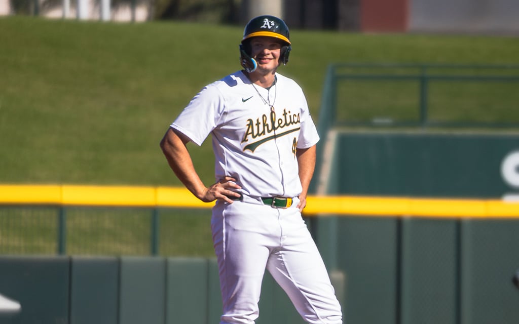 Nick Kurtz standing on second base during a baseball game.